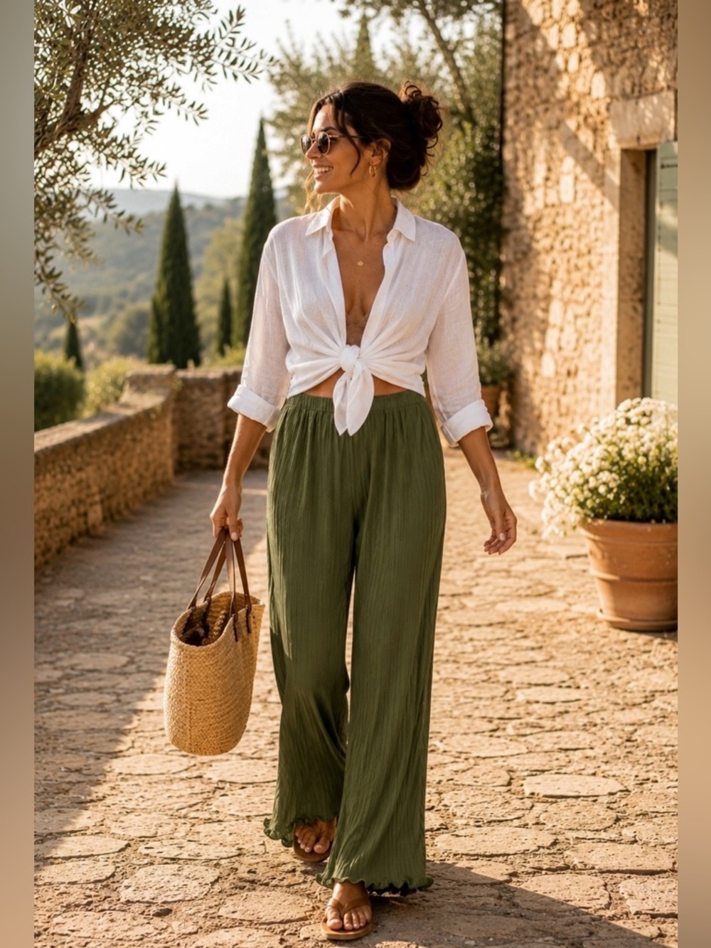 NWT Zara Olive Green Sheer Pleated Palazzo Pants Size Small